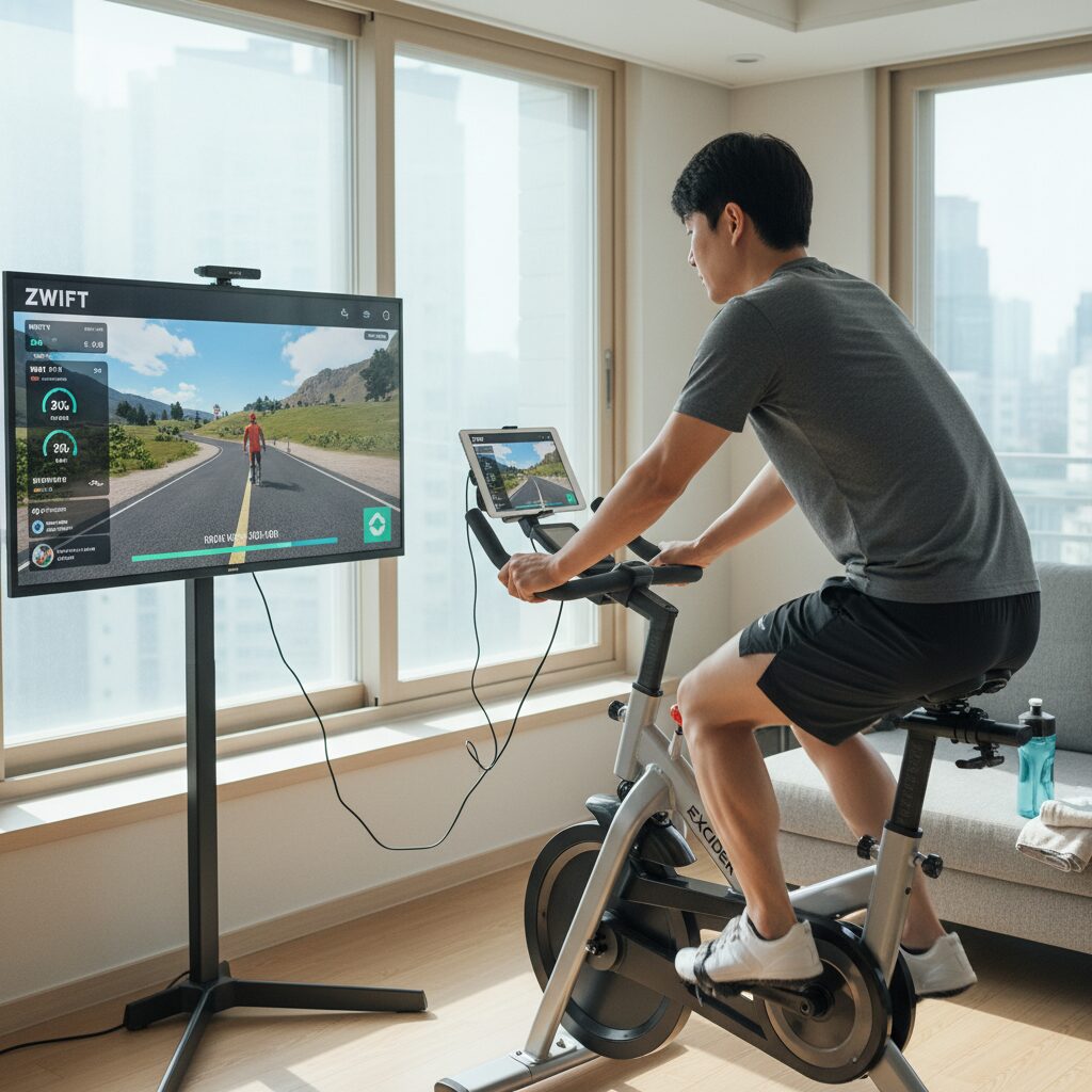 엑사이더 실내자전거와 즈위프트 앱 연동 화면