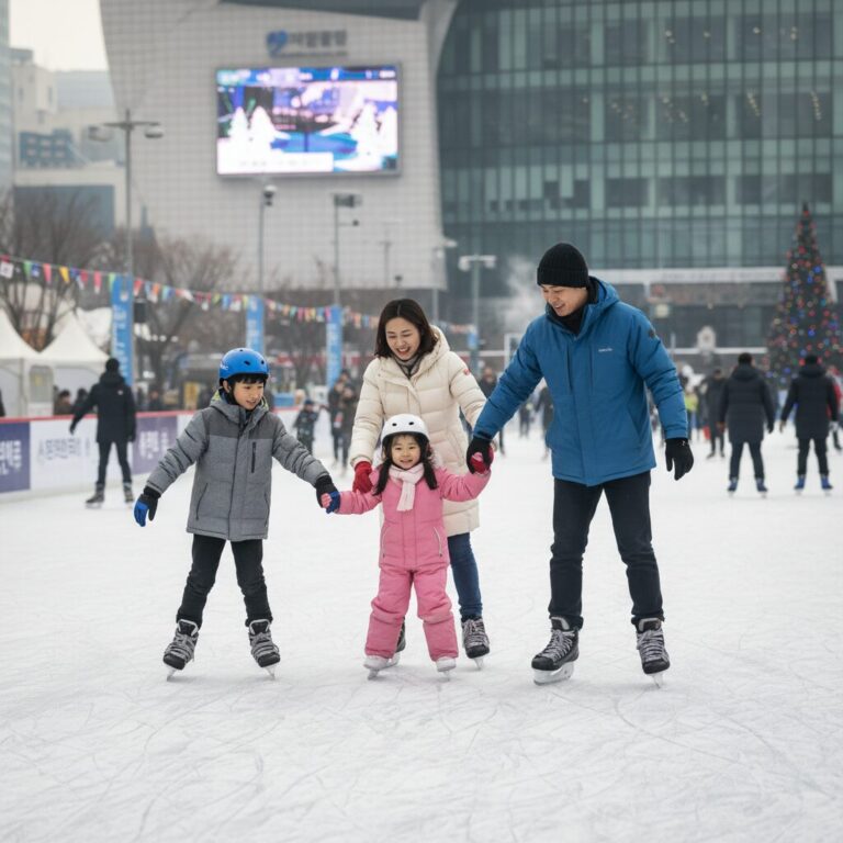 가족이 서울광장 스케이트장에서 스케이트를 타고 있는 모습