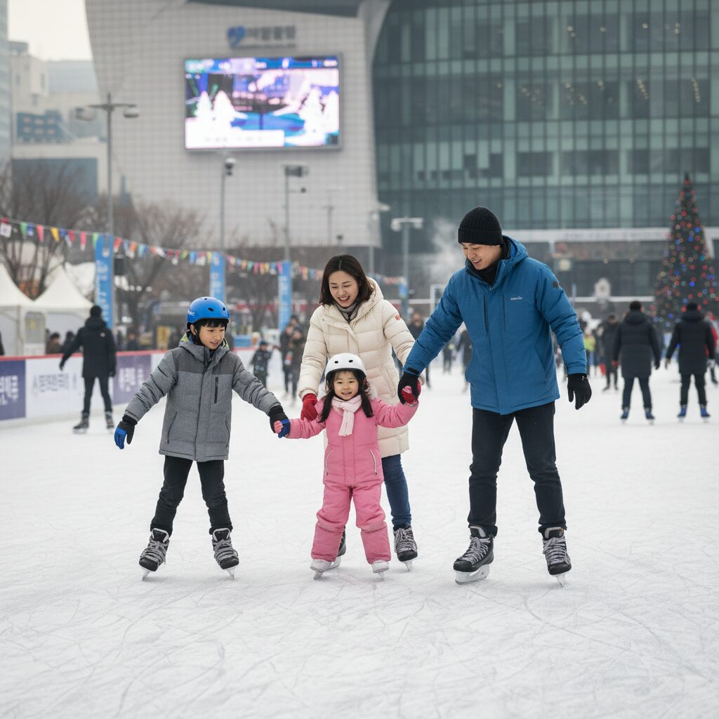 가족이 서울광장 스케이트장에서 스케이트를 타고 있는 모습