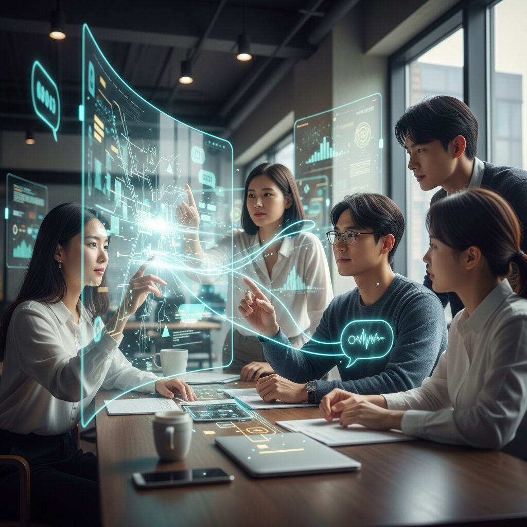 빛나는 선과 그래픽으로 표현된 AI와 인간의 소통 개념 이미지