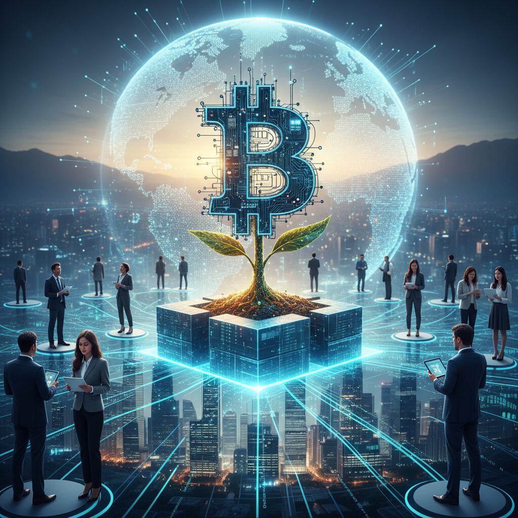 디지털 경제 속에서 성장하는 비트코인을 상징하는 개념도