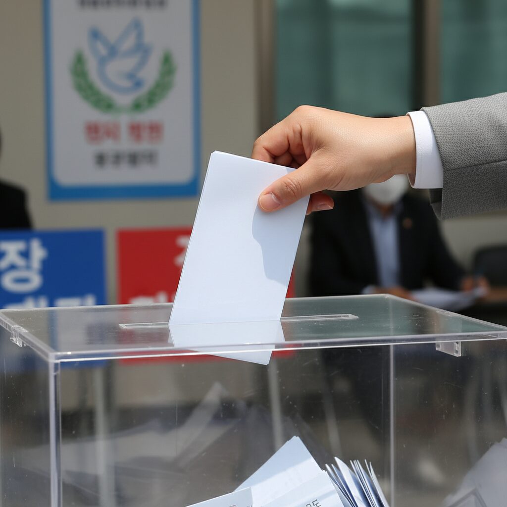 투표함에 투표용지를 넣는 손