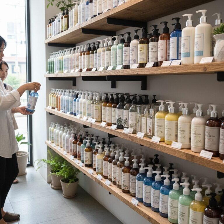 다양한 핸드워시 제품이 진열되어 있는 사진