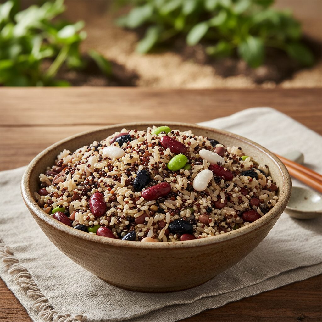 혈당 관리에 좋은 현미, 퀴노아, 콩이 담긴 그릇