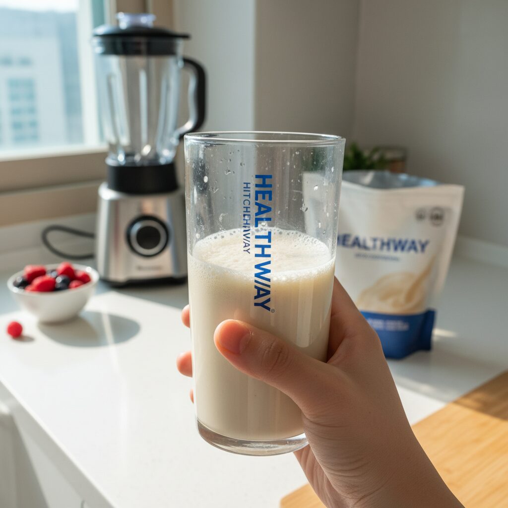 헬시오 히치웨이 WPI 프로틴 쉐이크 컵에 타진 모습