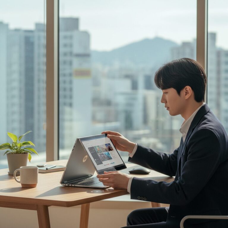 HP 옴니북 X Flip 14 노트북 태블릿 텐트 모드로 변신하는 모습