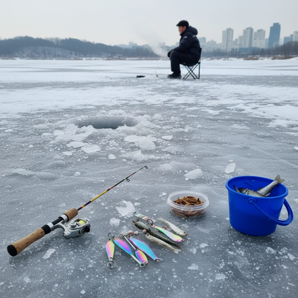 얼음낚시용 낚시대와 미끼, 작은 물통