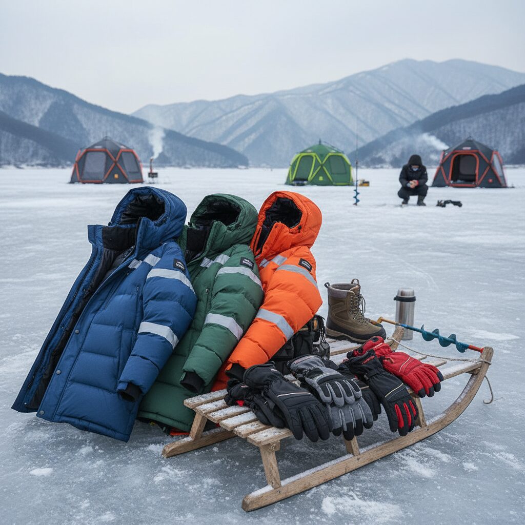 얼음낚시를 위한 방한 패딩과 장갑 모음