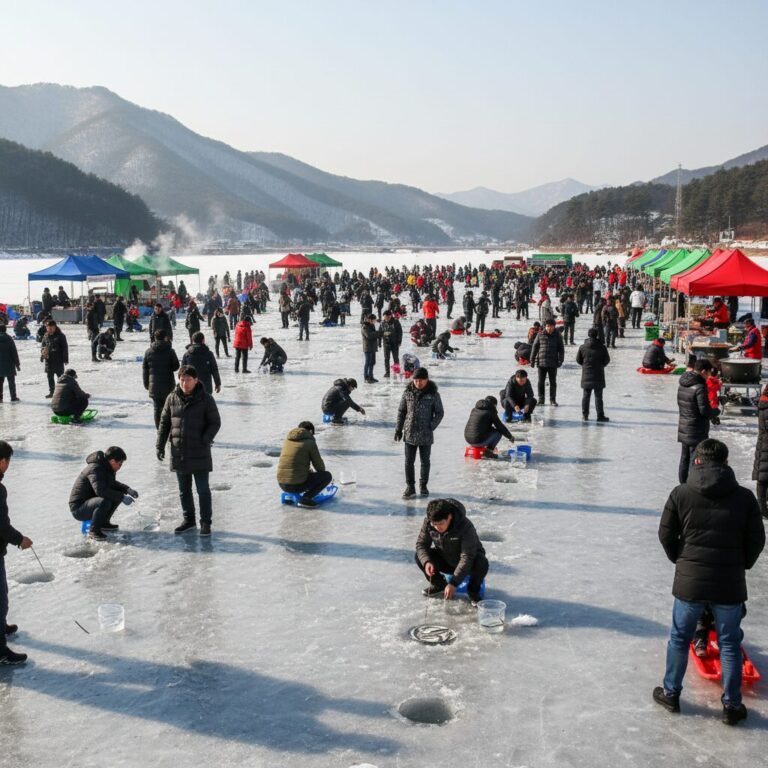 인제 빙어축제 현장의 북적이는 모습과 얼음낚시 장면