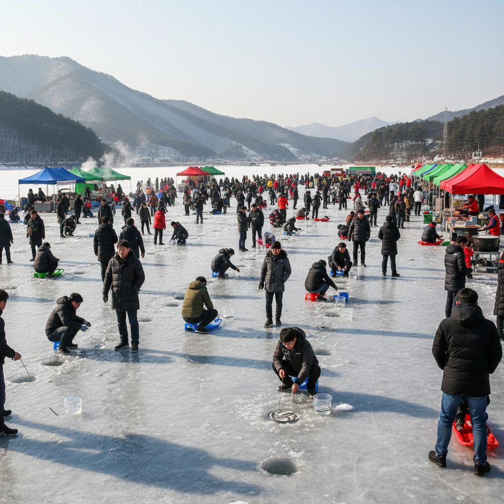 인제 빙어축제 현장의 북적이는 모습과 얼음낚시 장면