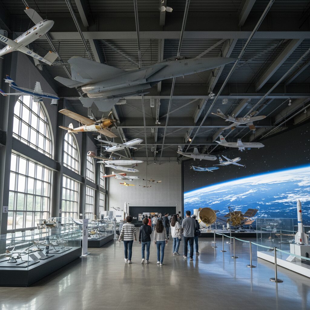 제주항공우주박물관 내부의 넓은 공간과 항공기 모형 전시