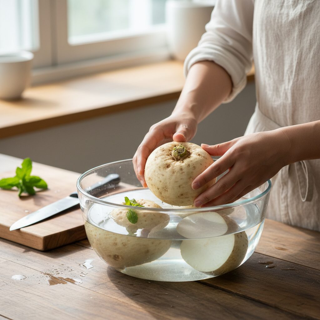 히카마 효능과 먹는법 보관법 총정리 물에 담가 보관하면 히카마의 아삭함을 오래 유지할 수 있어요