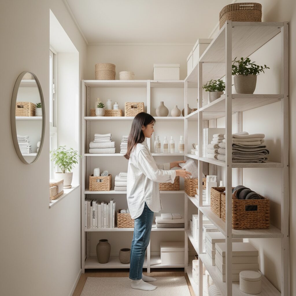 화이트톤과 오픈형 선반으로 정리된 좁은 방 수납 공간 사진