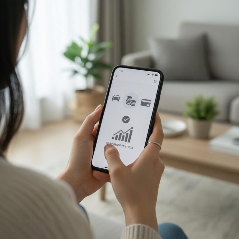 스마트폰으로 자동차세 납부와 카드 혜택을 확인하는 여성의 손