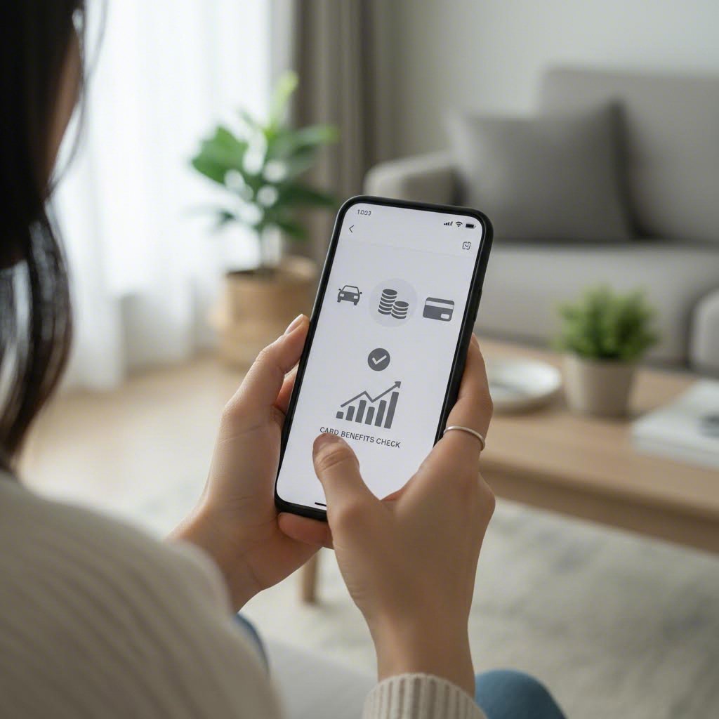 스마트폰으로 자동차세 납부와 카드 혜택을 확인하는 여성의 손