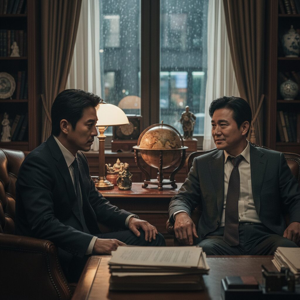 어쩔수가없다 영화에서 이병헌과 이성민이 대치하는 심리전 장면