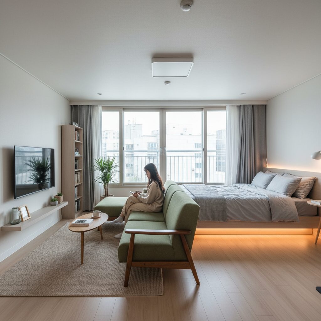 좁은 원룸에서 침대와 소파를 다른 방향으로 배치해 공간을 분리한 인테리어 사진