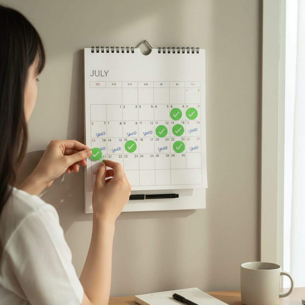 달력에 무지출 성공일을 스티커로 표시한 사진