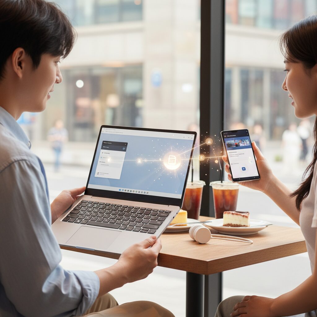 삼성 갤럭시북4 엣지와 스마트폰 파일 퀵 쉐어로 공유하는 모습