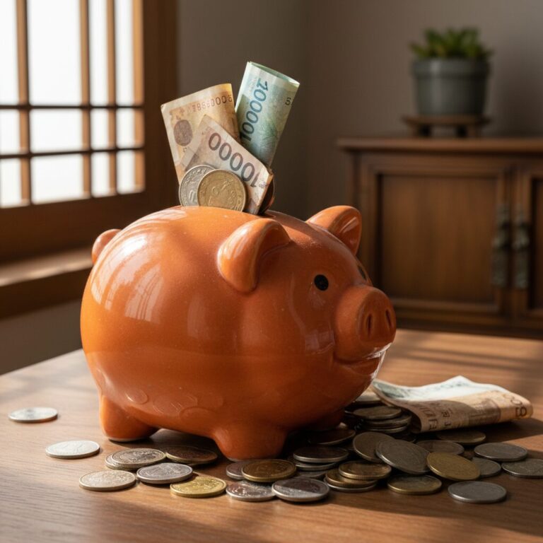 동전과 지폐가 모여 있는 저금통 사진