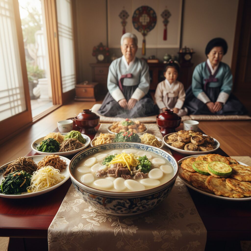 2026년 설날 차례상에 놓인 전통 음식 떡국 나물 전