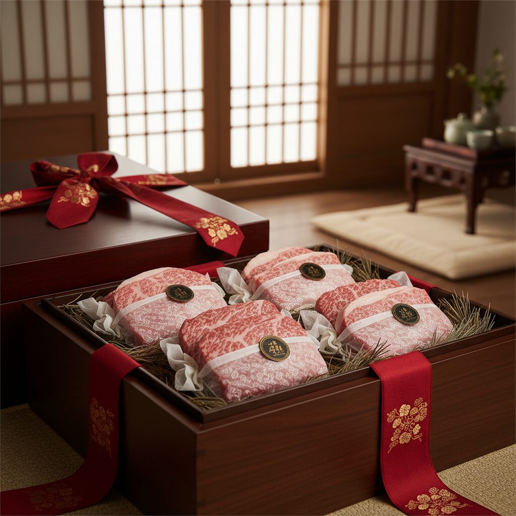 설 명절을 위한 고급스러운 한우 선물세트 포장 모습