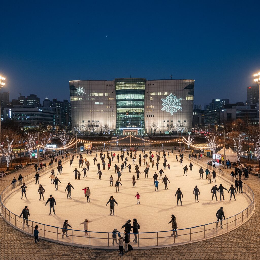 서울광장 스케이트장 전경과 뒤에 보이는 시청 건물 야경
