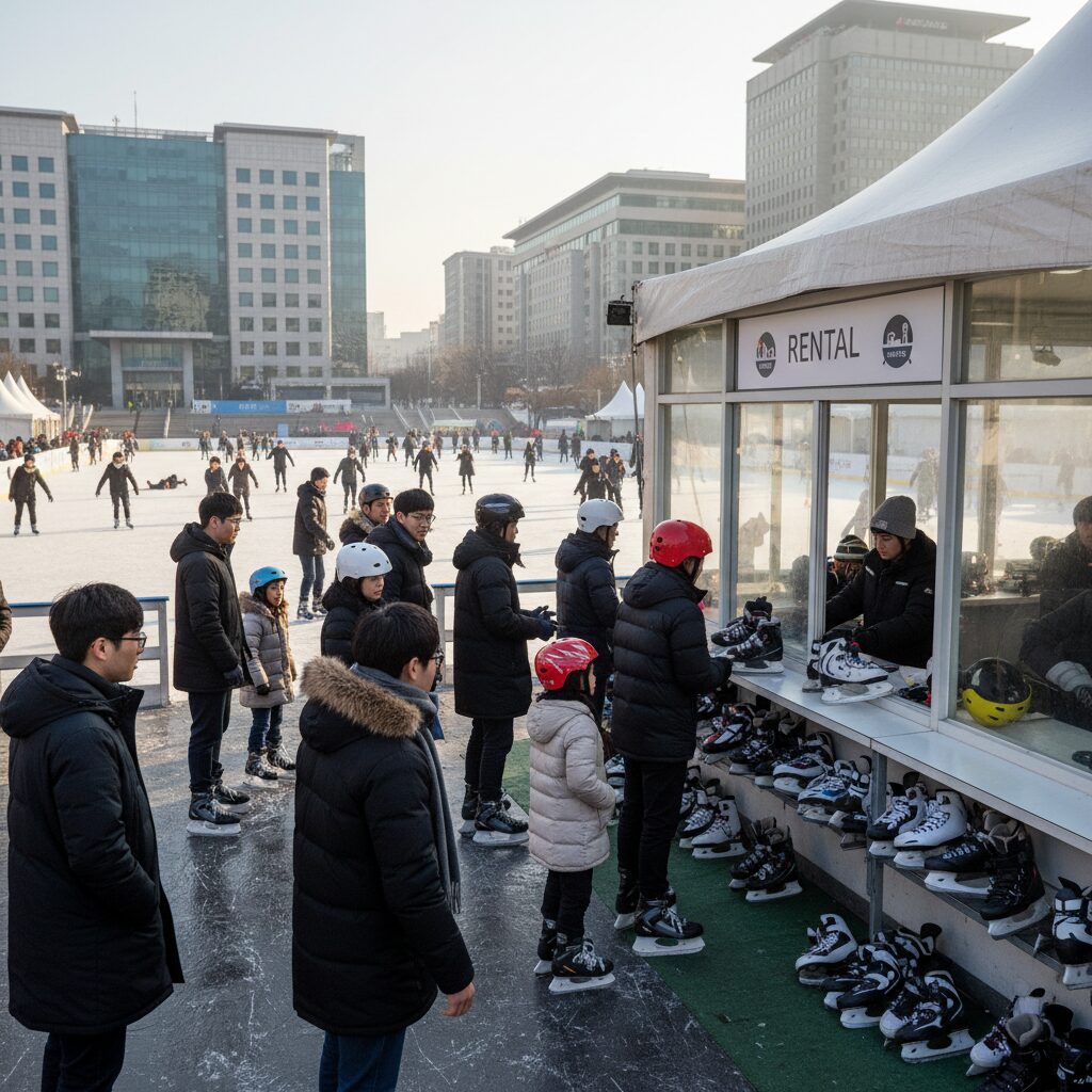 서울광장 스케이트장에서 스케이트화와 헬멧을 대여하는 모습