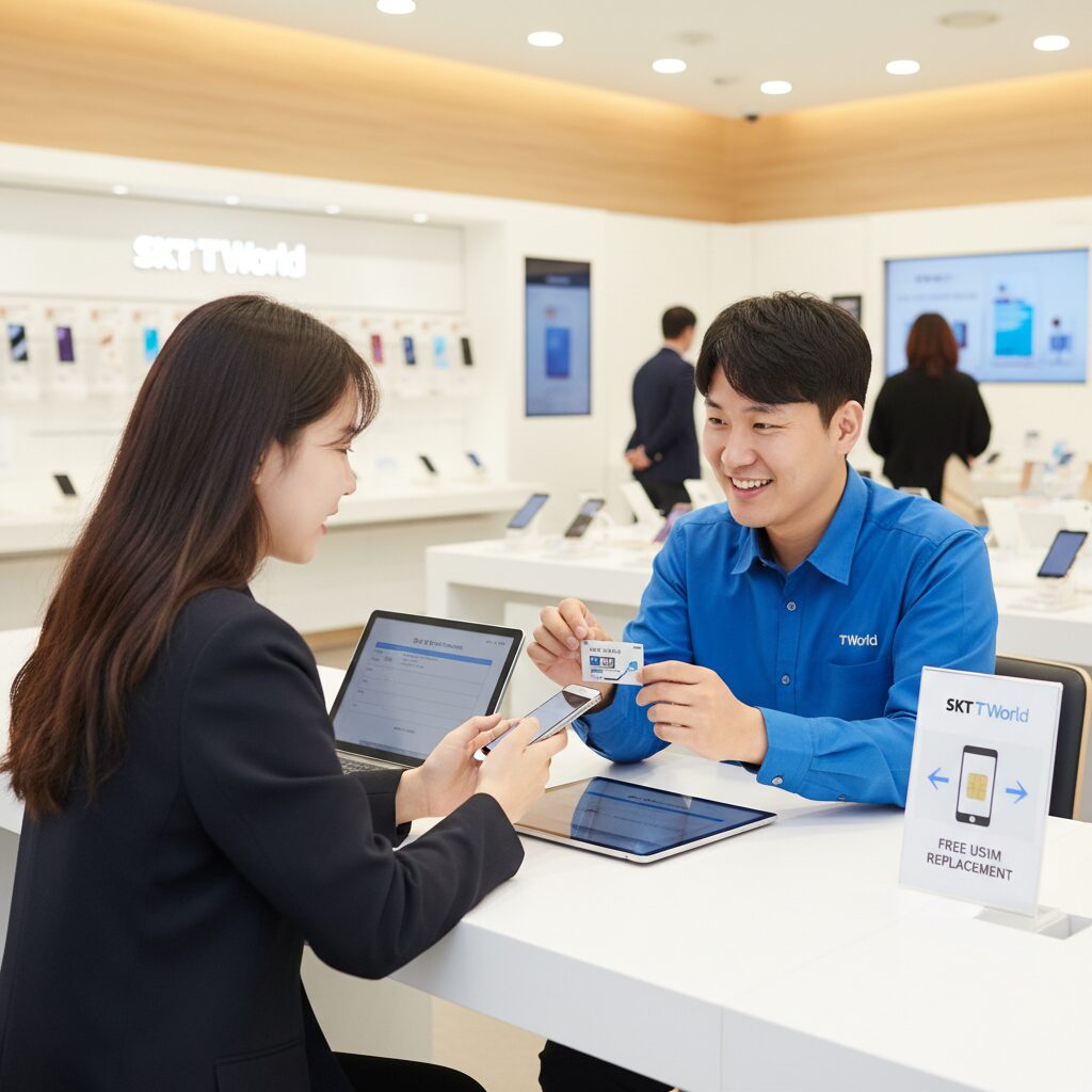 SKT T월드 매장에서 유심 무료 교체 받는 모습