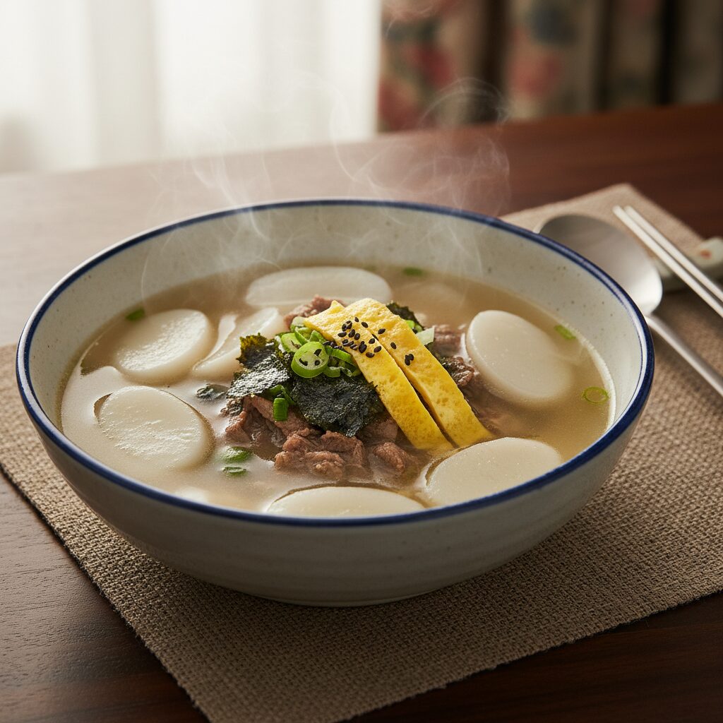 집에서 만든 떡국 사진 접시에 담긴 떡국