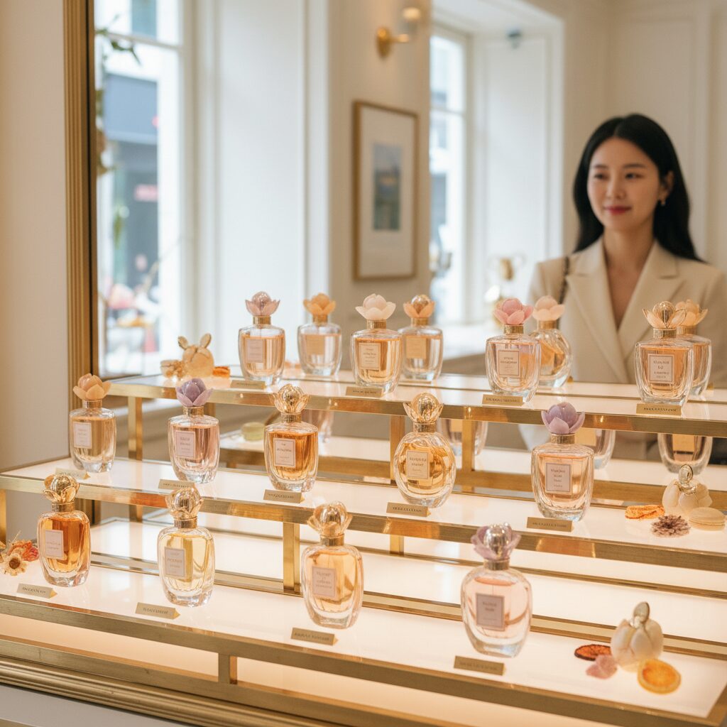 독특한 달콤한 향의 향수들이 진열대에 전시되어 있음