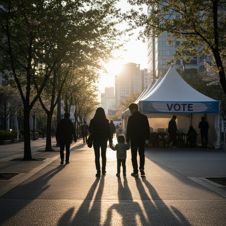 아이와 손을 잡고 투표소로 걸어가는 가족 실루엣