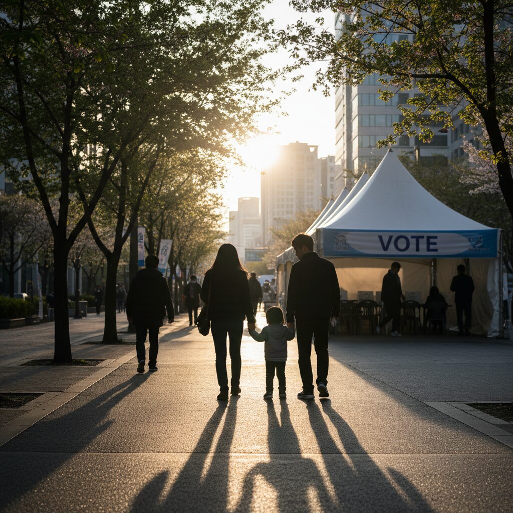 아이와 손을 잡고 투표소로 걸어가는 가족 실루엣