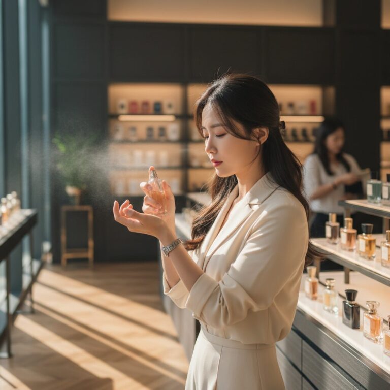 매장에서 여성이 손목에 향수를 테스트하고 있음