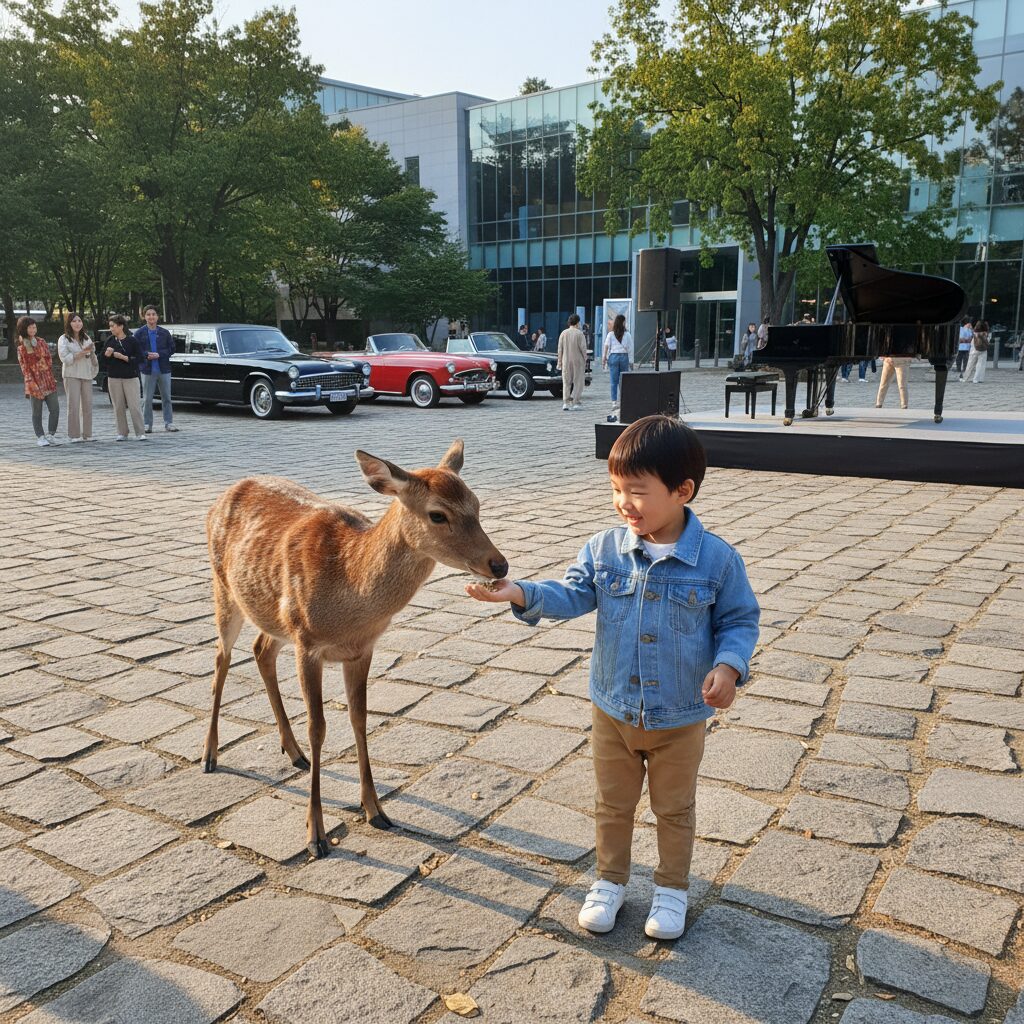 세계 자동차&피아노 박물관 야외 광장에서 아이가 사슴에게 먹이를 주는 모습
