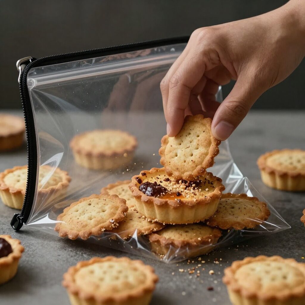 지퍼백에 넣은 다이제스티브 비스킷을 으깨는 모습과 틀에 눌러 담은 타르트지 모습