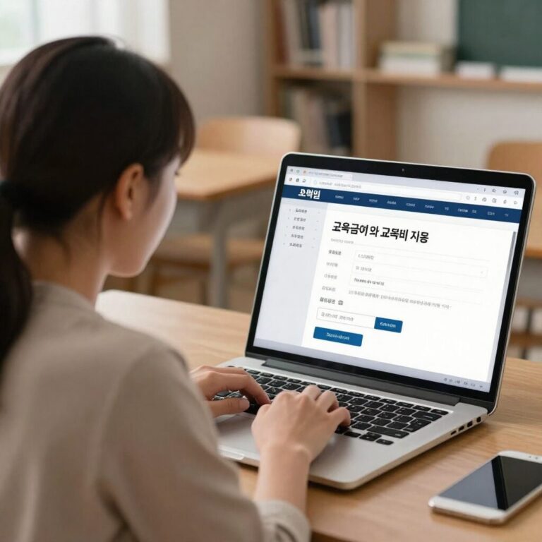 교육급여와 교육비 지원 신청을 위해 노트북으로 온라인 신청하는 모습