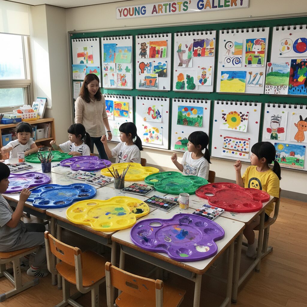 작품게시판 아이디어 제작 방법 활용 가이드 다양한 색상의 미술판과 스케치북 모양 작품게시판 도안이 배치된 교실 환경 예시