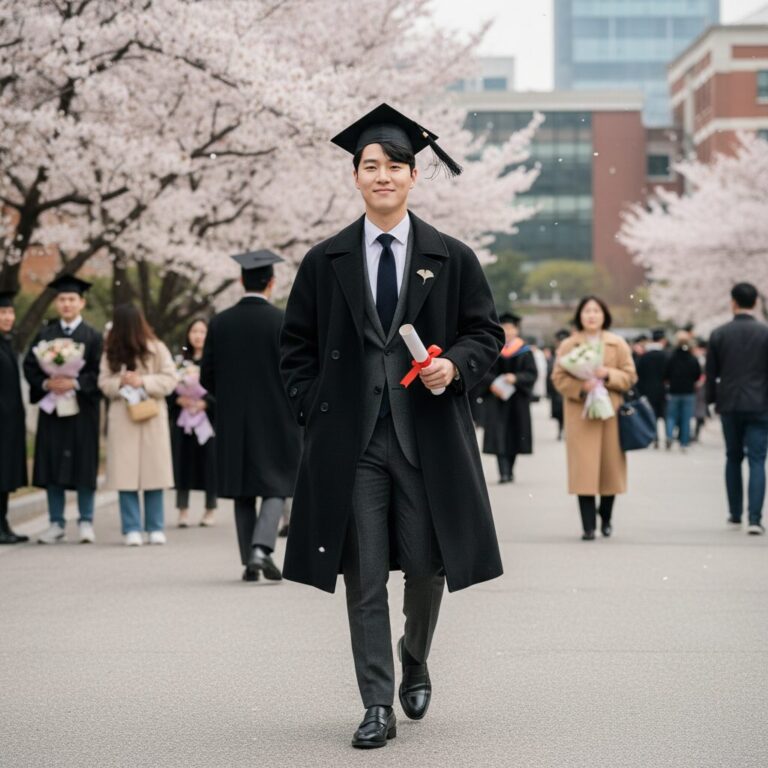 블랙 발마칸 코트를 입은 남성의 세미 포멀한 졸업식 패션 스타일
