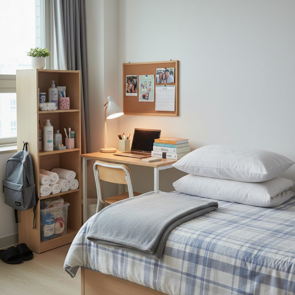고등학교 기숙사에 필요한 필수 생활용품과 침구가 정리된 사진