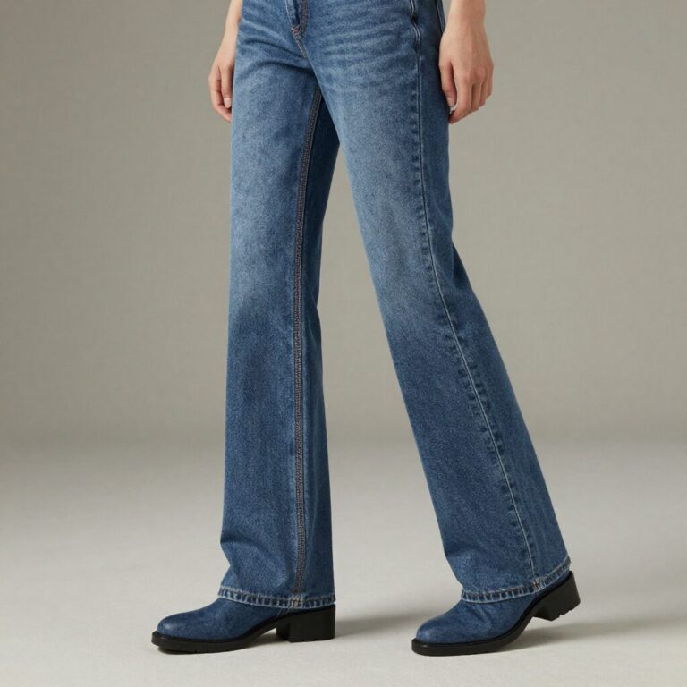 데님 느낌의 와이드 부츠컷 스판 면바지를 입고 가디건과 매치한 여성