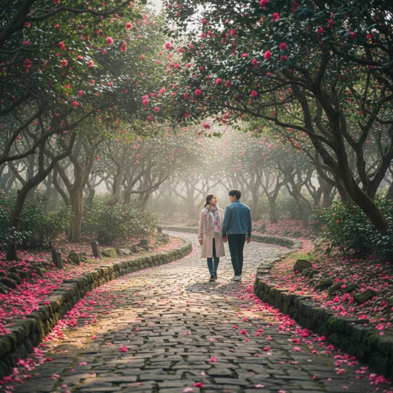 3월 카멜리아힐 동백꽃이 흩뿌려진 산책로 길