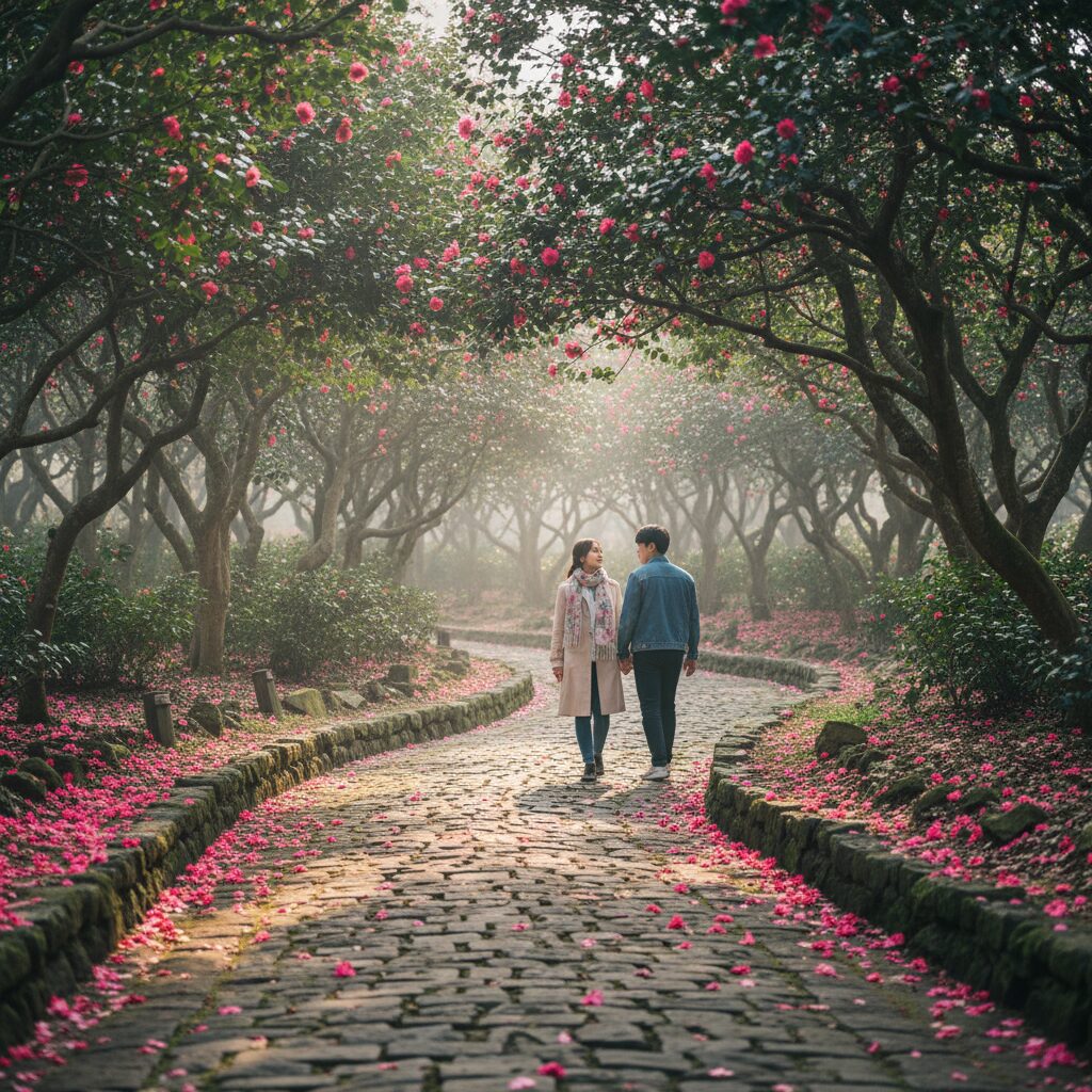 3월 카멜리아힐 동백꽃이 흩뿌려진 산책로 길