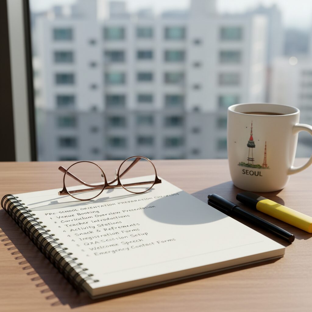 유치원 오리엔테이션 준비 체크리스트가 적힌 노트와 필기구
