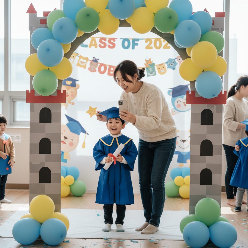 어린이집 수료식 날 포토존에서 사진을 찍는 아이와 엄마