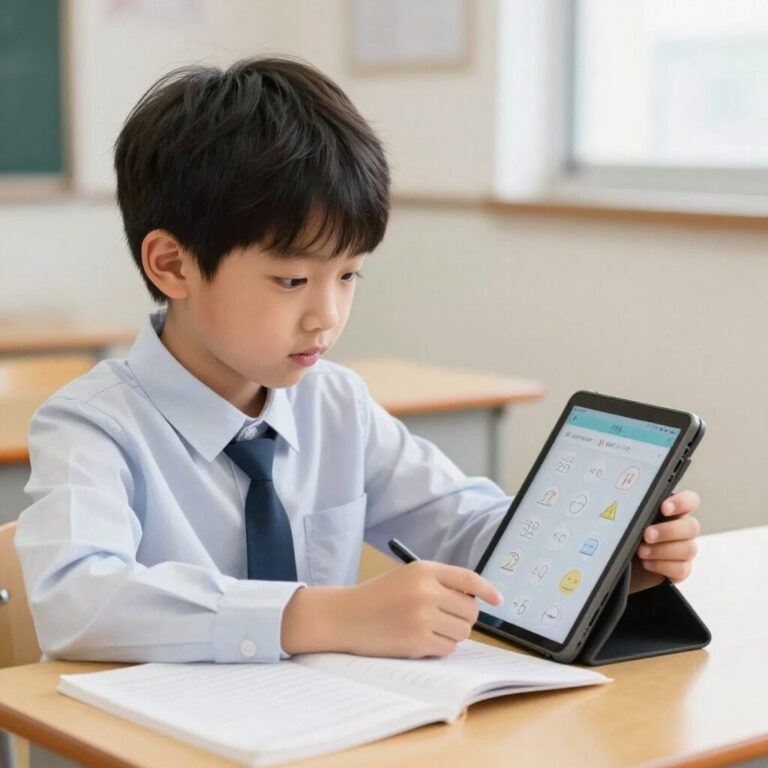 초등학생이 태블릿으로 수학 공부하는 모습