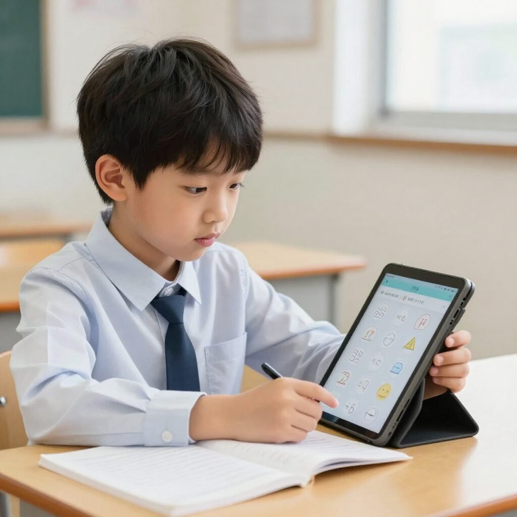 초등학생이 태블릿으로 수학 공부하는 모습