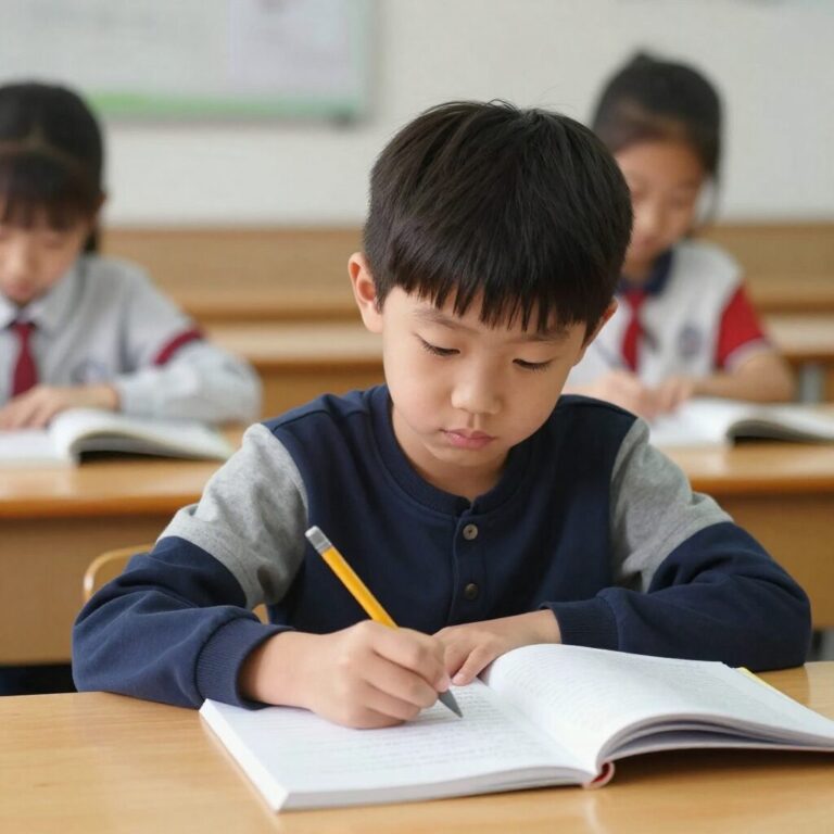 아이가 책상에 앉아 학습지를 보며 진지하게 생각하는 모습