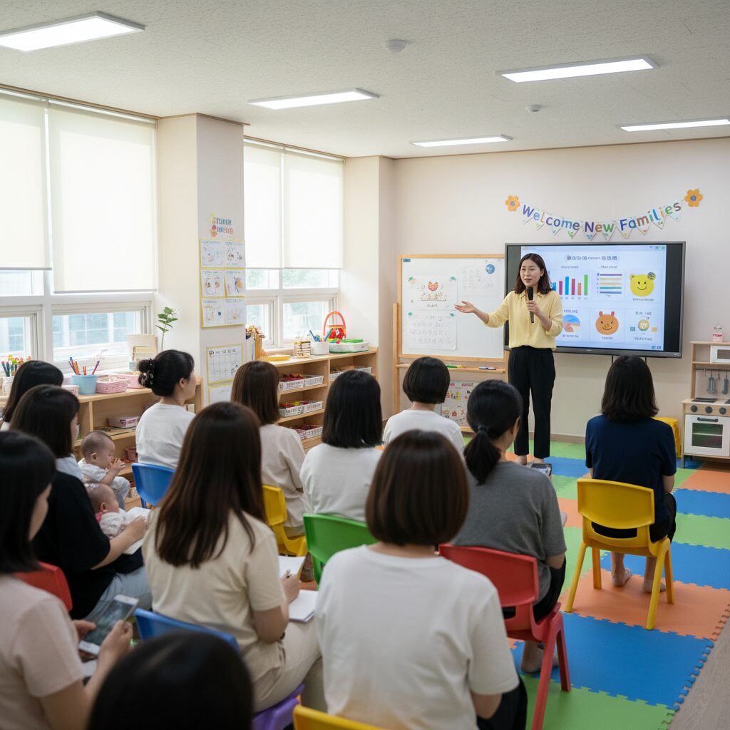 어린이집 오리엔테이션에서 선생님이 부모들에게 설명하고 있는 모습