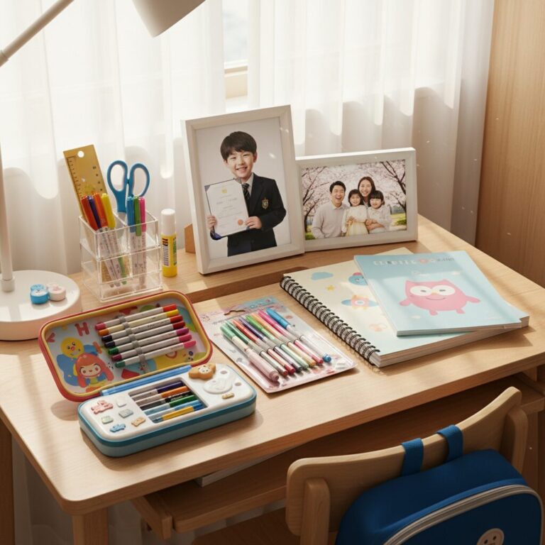 아이가 사용하는 초등학교 입학 선물로 준비된 책상 위 문구류와 액자